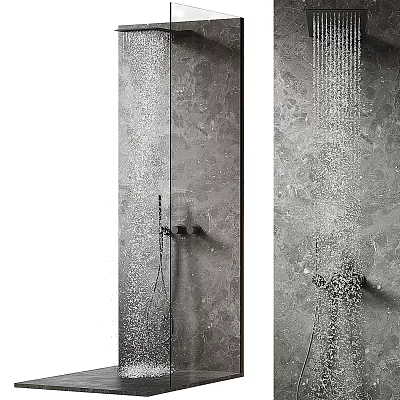 Modern Shower Sauna Interior Design With Rainfall Showerhead And Handheld Sprayer On Stone Wall 3d model