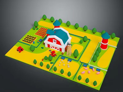 Colorful Model Farm Scene With Barn Tractor Trees Fields And Windmill 3d model