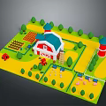 Colorful Model Farm Scene With Barn Tractor Trees Fields And Windmill