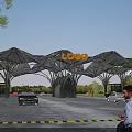 Modern Entrance Gate With Unique Geometric Glass Metal Roof Canopy And LOGO Sign