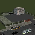 Sanitation Service Facility With Green Vehicles Parking Area And Trees Near Road With Bus Cars
