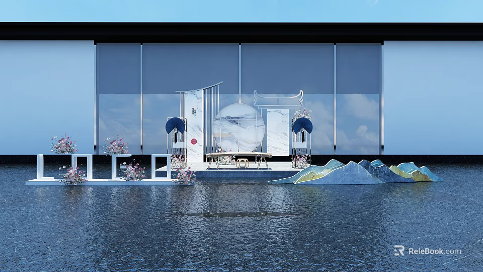 Modern Glass Building With Waterfront Landscape Cherry Blossoms And Mountain Decorations 3d model 