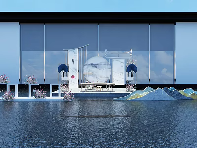 Modern Glass Building With Waterfront Landscape Cherry Blossoms And Mountain Decorations 3d model