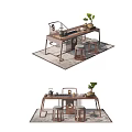 Rustic Wooden Tea Table And Chairs With Tea Set Green Plant And Matching Stools