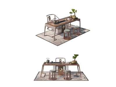 Rustic Wooden Tea Table And Chairs With Tea Set Green Plant And Matching Stools 3d model