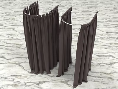 Brown Fabric Curtains Hanging On White Rods With Marble Floor Background 3d model