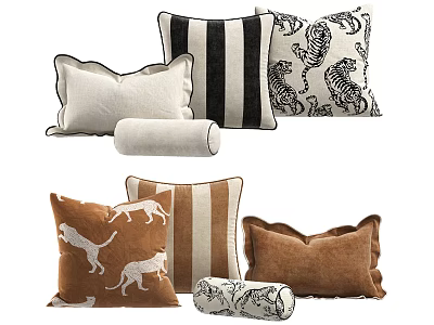 Decorative Pillows with Animal Prints Stripes and Various Shapes in Brown and Black White 3d model