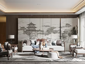 New Chinese Style Living Room Sofa Coffee Table Combination Green Plant Ornaments Table Lamp Background Wall 3d model