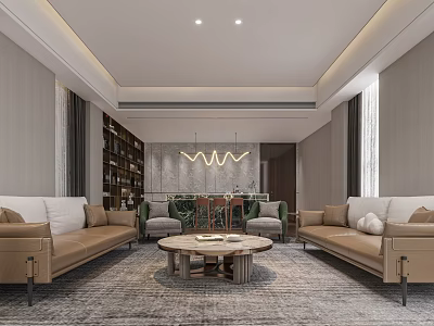 Elegant Luxury Modern Living Room Interior With Sofa Coffee Table Bookshelf And Chandelier 3d model