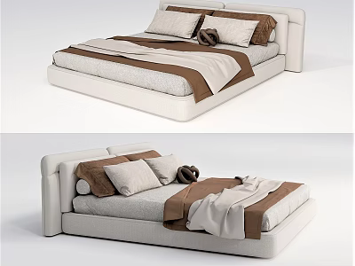 Modern Double Bed With Upholstered Headboard Plush Pillows And Cozy Blankets 3d model