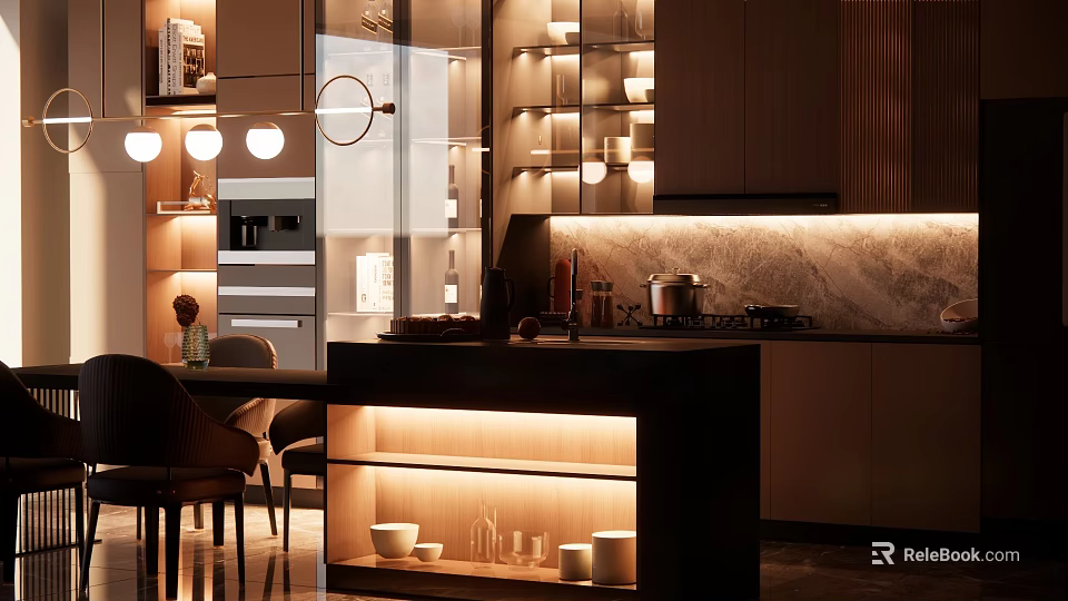 Elegant Modern Restaurant Kitchen Interior With Marble Island Cabinets And LED Lighting 3d model 