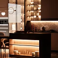 Elegant Modern Restaurant Kitchen Interior With Marble Island Cabinets And LED Lighting