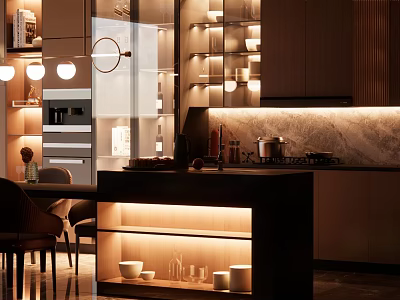 Elegant Modern Restaurant Kitchen Interior With Marble Island Cabinets And LED Lighting 3d model