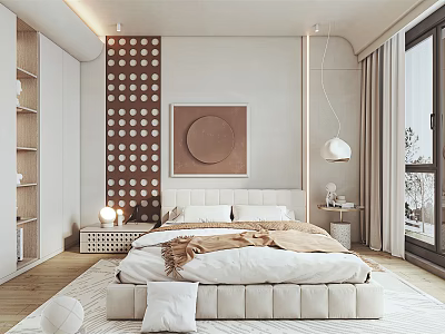 Modern Bedroom Interior With Upholstered Bed Circular Wall Art And Polka Dot Accent Wall 3d model