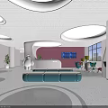 Modern Waiting Area Interior With Pink Wall Circular Lights Blue Sofa And White Reception Desk