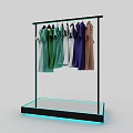 Colorful T Shirts Display Rack in Clothing Store with Glass Base and Hanging Outfits