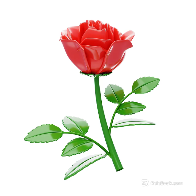 Red Rose Plant With Vibrant Red Petals Fresh Green Stem And Natural Leaves 3d model 