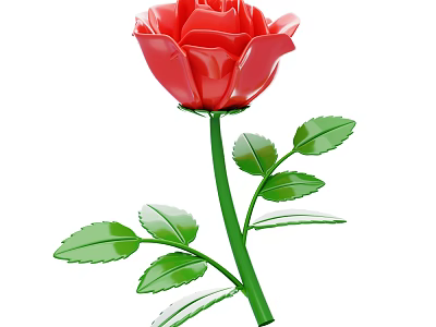 Red Rose Plant With Vibrant Red Petals Fresh Green Stem And Natural Leaves 3d model