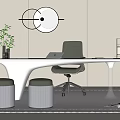 Modern White Desk Interior With Laptop Transparent Lamp Green Plant And Dark Green Chair