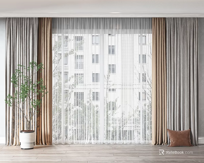 Beige and Gray Curtains with Sheer Panels Green Plant Wooden Floor Window Building View 3d model 