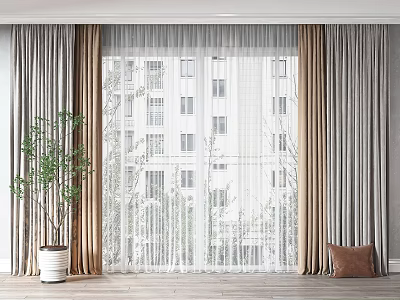Beige and Gray Curtains with Sheer Panels Green Plant Wooden Floor Window Building View 3d model