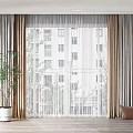 Beige and Gray Curtains with Sheer Panels Green Plant Wooden Floor Window Building View