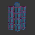 Modern Architectural Structure With Stacked Blue Cubes Transparent Spherical Top And Glass Reflective Facades