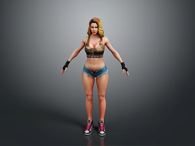 Child Girl 3D Model Wearing Sports Vest Denim Shorts And Sneakers On Grey Background 3d model