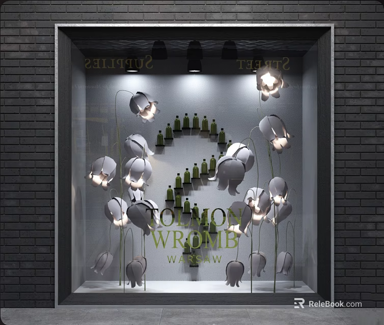 Shop Window Display Featuring Solomon Wrong Green Bottles And White Decor With Lighting 3d model 