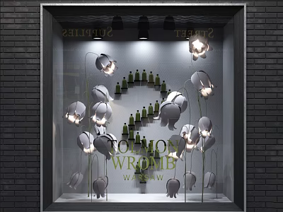 Shop Window Display Featuring Solomon Wrong Green Bottles And White Decor With Lighting 3d model
