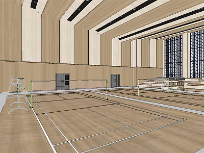 Indoor Badminton Court With Wooden Floor Lighting And Large Windows For Fitness Activities 3d model