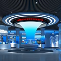 Modern High Tech Exhibition Hall Featuring Curved Design Blue Lighting Display Stands And Interactive Screens