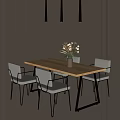 Minimalist Wooden Dining Table With Metal Frame Chairs And Plant Vase Under Pendant Lights