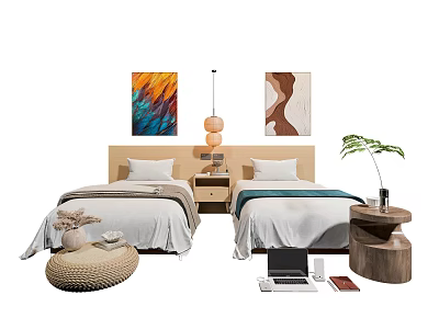 Cozy Single Beds With Wooden Headboard Abstract Paintings Pendant Light And Green Plant 3d model