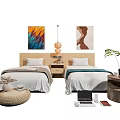 Cozy Single Beds With Wooden Headboard Abstract Paintings Pendant Light And Green Plant