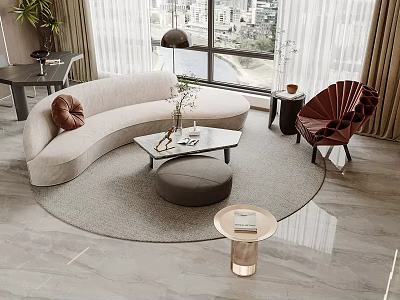 Modern Curved Beige Sofa Coffee Table Set With Round Rug Red Chair And City View 3d model