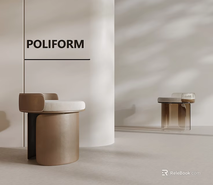 POLIFORM Sofa Stool With Round Design And Brown Leather For Modern Interior 3d model 