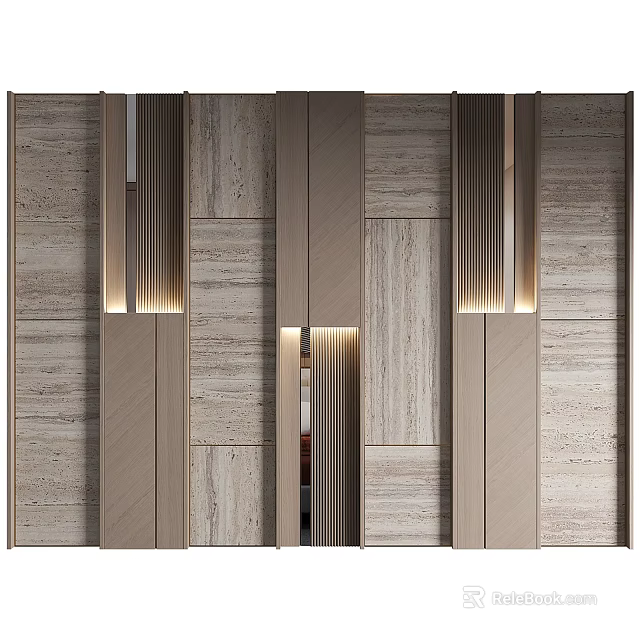 Modern Textured Background Wall With Marble Panels Vertical Strips And Built-in Lighting 3d model