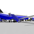 Blue White Airplane On Airport Tarmac With Boarding Stairs And Vehicles