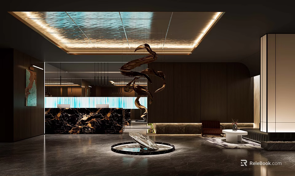 Luxury Hotel Lobby Interior Design With Illuminated Ceiling Bronze Sculpture And Marble Reception Desk 3d model 