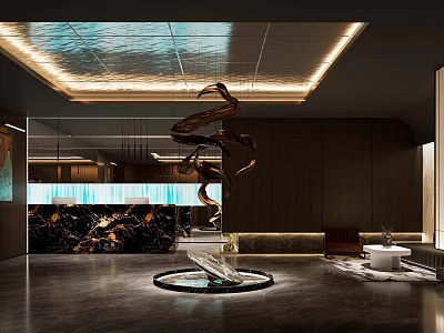 Luxury Hotel Lobby Interior Design With Illuminated Ceiling Bronze Sculpture And Marble Reception Desk 3d model