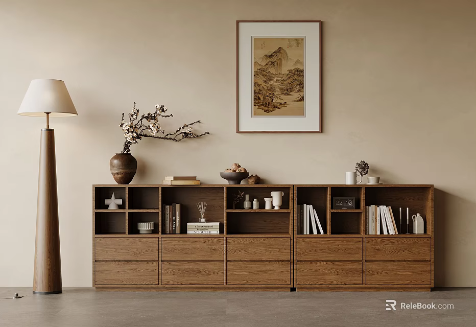 Cozy Living Space Interior With Wooden Shelf Ornaments Floor Lamp And Chinese Painting 3d model 