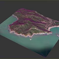 3D Island Model With Green Mountain Terrain And Blue Ocean Surroundings