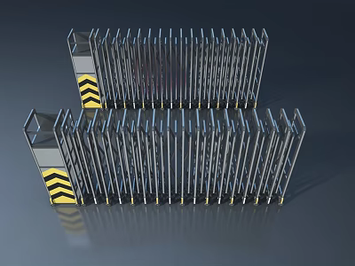 Metal Security Swing Door With Fence Style Structure And Yellow Black Warning Stripes 3d model
