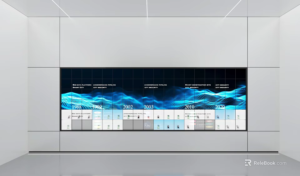 Modern Interior Featuring Large Digital Screen With Blue Wave Data Visualization And Timeline 3d model 