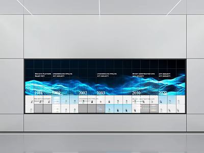 Modern Interior Featuring Large Digital Screen With Blue Wave Data Visualization And Timeline 3d model