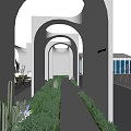 Modern Minimalist Elevator Hallway With White Arched Structures Green Plants Stone Pathway