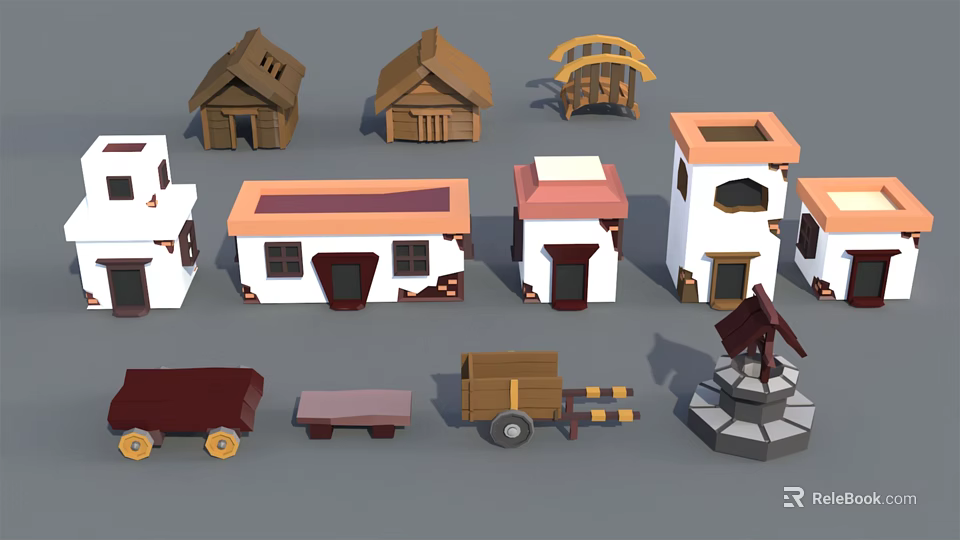 Cartoon Scene Featuring Various Miniature Houses With Wooden Roofs And Wheeled Carts 3d model 