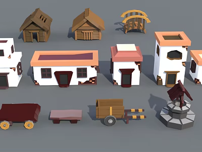 Cartoon Scene Featuring Various Miniature Houses With Wooden Roofs And Wheeled Carts 3d model