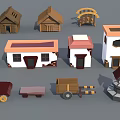 Cartoon Scene Featuring Various Miniature Houses With Wooden Roofs And Wheeled Carts